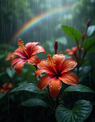 The primary subject of the image is a close-up of two red flowers, likely hibiscus, with a rainbow in the background. The flowers are situated in a forest-like setting, surrounded by greenery. The visual style of the image is a photo, capturing the beauty of the flowers and the vibrant colors of the rainbow. The colors and mood of the image are lively and serene, as the flowers and rainbow create a picturesque scene.